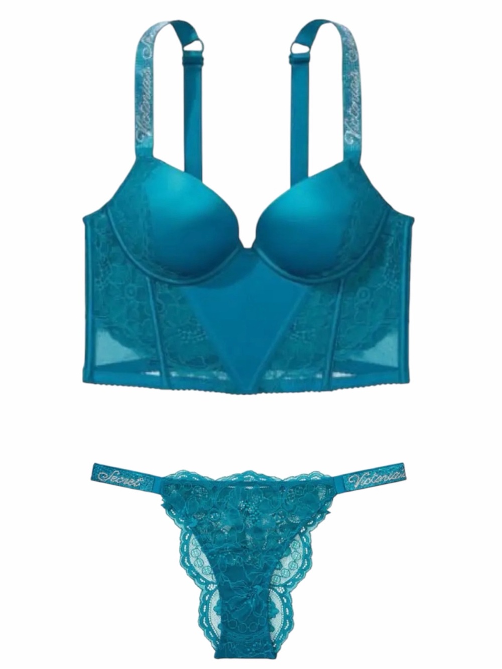 Victoria's Secret Shine Strap Logo Rhinestone Push-Up Corset Brazilian Set